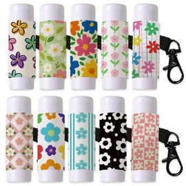 DELORIGIN 10Pcs Small Flower Lip Balm Holder Keychain Portable Lipstick Holders Pouch with Metel Clasp Cute Clip on Lip Gloss Keychain Sleeve for Chapstick Lipbalm Storage Purse Bag Accessories