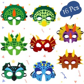 Dinosaur Masks Party Supplies for Kid (16 Packs) Felt and Elastic Masquerade Birthday Favors for Children Girls Boys Kids