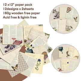 Vintage Scrapbooking Paper 12" x 12", 24 Sheets/12 Designs Single-Sided Pattern Decoupage Background Cardstock Paper Pads Junk Journaling Supplies Craft Kits for Decorative Card Photo Album Decor