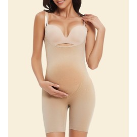 Women's Maternity Bodysuit Pregnancy Shapewear Shorts Bump Support Bustless Adjustable Straps Romper Jumpsuit, Nude, Small