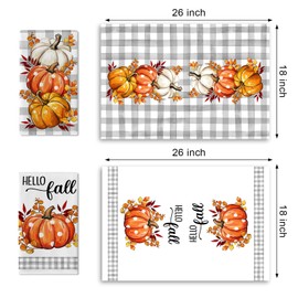 Croar Hello Fall Pumpkin Kitchen Dish Towels Set of 2, Autumn Harvest Leaves Drying Hand Towel Baking Cooking Cloth, Grey Plaid Polka Dots Farmhouse Bathroom Home Decoration 18 x 26 Inches