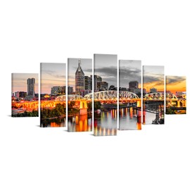 Conipit Extra Large Nashville Skyline Canvas Wall Art Tennessee Cityscape Pictures US City Downtown Panorama Artwork Cumberland River Paintings Framed for Home Decor 7 Panels