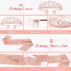 13 Birthday Girl Decorations, 13th Birthdays Sash and Tiara, 13 Slaps No Cap Rose Gold Glitter Banner, Balloons, 13 Candle, Card Happy 13th Birthday Decorations Girl