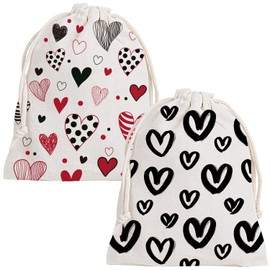 Sanjiaofen 2Pack Valentine's Day Heart Canvas Bag Large Canvas Hearts Gift Bags with Drawstring Wedding Wrapping Bags for Valentines Day Party.（Black and Red