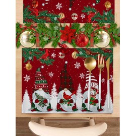 Christmas Red Placemats Set of 6, Winter Gnomes Cardinals Non-Skid Place mats, Snowflakes Merry Xmas Holiday Table Mats, Washable Stain-Resistant Tablemats for Party/Dining Room/Kitchen Decorations