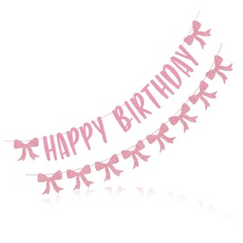 Pink Bow Happy Birthday Banner, Birthday Decorations, Bow Garland Party Decor for Girls' Birthday Celebration Supplies
