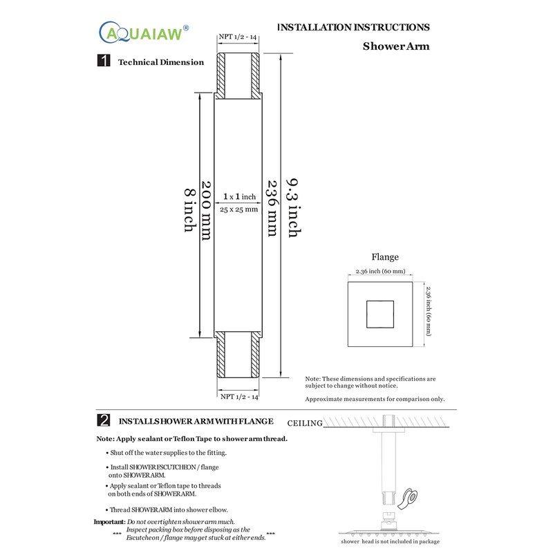 Aquaiaw Square Shower Arm and Anti-Scratch O-Ring Flange, 8 inch,