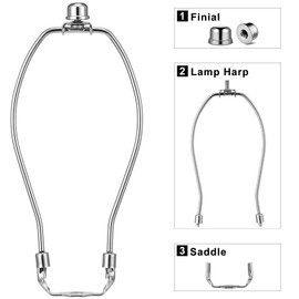 Lamp Harp 8 Inch, 2 Set [Heavy Duty] Lamp Harp Holder with Lamp Finial Caps and 3/8 Standard Saddle + E26 Light Base for Table and Floor Lamps (Silver)