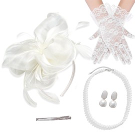 NSODREEM 4 PCS Fascinators Hat Wedding Cocktail Tea Party Headwear with Lace Gloves Pearl Necklace Earrings (White)