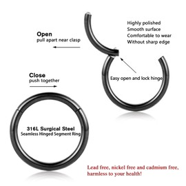 FUNLMO Nose Septum Rings Cartilage Earring Tragus Helix Rook Daith Conch Eyebrow Piercing Jewelry Lip Ring Surgical Steel 18G 5mm Black