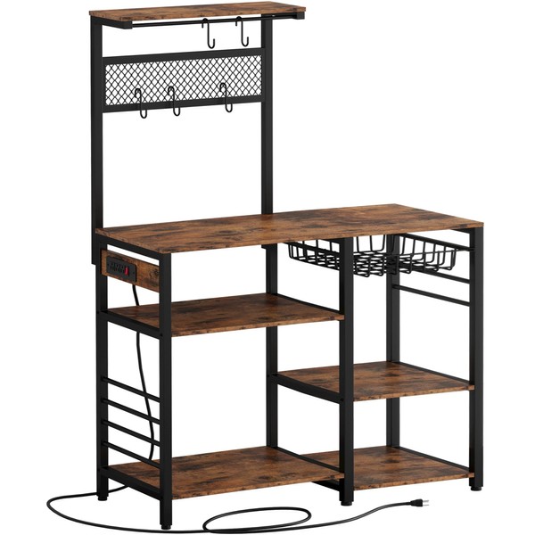 IRONCK Bakers Rack, Microwave Stand with Power Outlet, Industrial Coffee Bar with Wire Drawer for Kitchen, Living Room Easy Assembly, Space-Saving, Vintage Brown