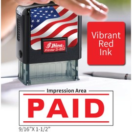 Shiny Paid Stamp Self Inking Rubber Stamp, 1/2" by 1-1/2" Impression Area, Red Ink, Refillable