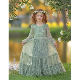 LalaMira Flower Girl Dress Lace Boho Toddler Dresses Ruffle Girl Dress for Wedding Garden Party Holiday Communion Long Sleeve Sage Green-5 Years