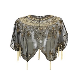 BABEYOND Sequin Beaded Evening Cape 1920s Fringed Shawl Wraps Wedding Bridal Shawl Scarf (Black Gold)