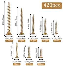 Wood Screws, 420 Pcs Zinc Countersunk Self Tapping Screws, Assortment Countersunk Screw Set for DIY Furniture Repairs
