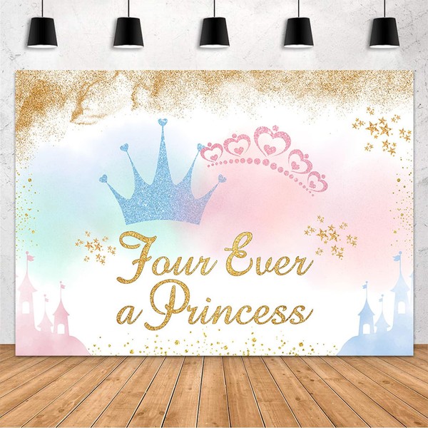 MEHOFOND Four Ever a Princess Birthday Backdrop Pink Blue Gold