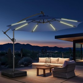 HOMSHADE 10ft Solar Lights Offset Cantilever Patio Umbrella - with Light and Base, LED Lighted Offset Hanging Patio Outdoor Market Umbrella UPF50+ UV Protection with Easy Tilt and Crank (Navy Blue)