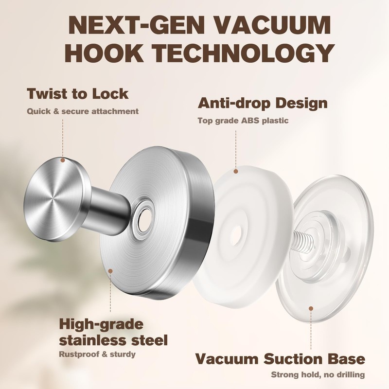 2 Pack Suction Cup Hooks for Shower Stainless Steel, Suction