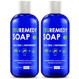 Truremedy Naturals Jabón corporal de aceite de árbol de té de 12 onzas, paquete de 2, jabón de árbol de té con aloe y aceite de menta, lavado de pies 