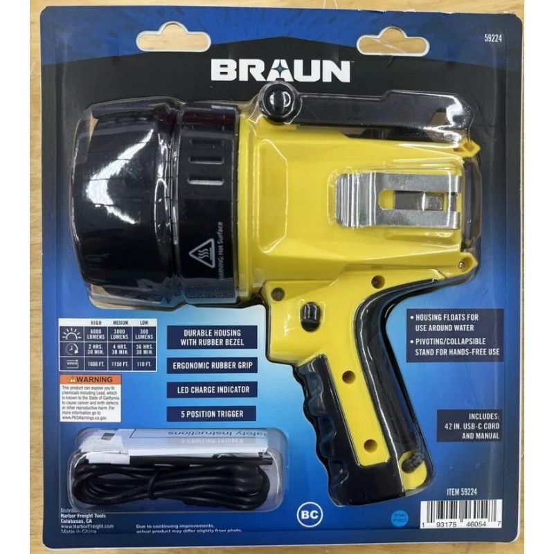 Braun 6000 Lumen LED Spotlight Flashlight Rechargeable Super Bright Waterproof