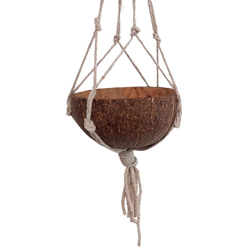 VIE Naturals Mini Coconut Shell Pot Holder, with a Macrame