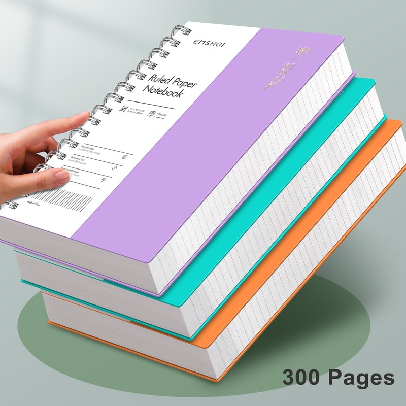 EMSHOI A5 Notebook Lined 300 Pages/150 Sheets, Wirebound Spiral Notepad,