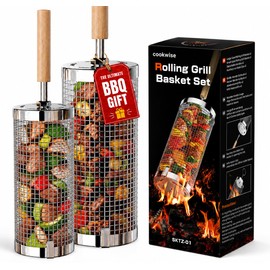 cookwise Rolling Grill Basket,Upgraded 304 Stainless Steel,Nesting Grilling Net,Removable Wooden Handle,BBQ Accessories Tools for Veg,Prawns & Meat,Camping Outdoor Cooking,Gifts for men Dad
