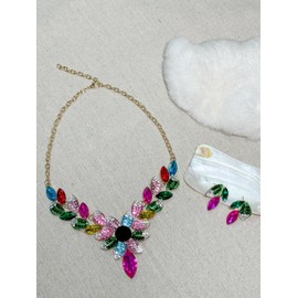 MMonesu Women Jewelry Set Rhinestone Colorful Crystal leaf shape Statement Choker Necklace Teardrop Cluster Dangle Earrings Set for Wedding Prom Party