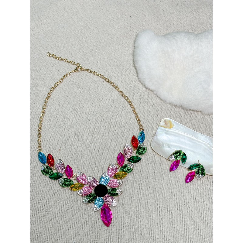 MMonesu Women Jewelry Set Rhinestone Colorful Crystal leaf shape Statement