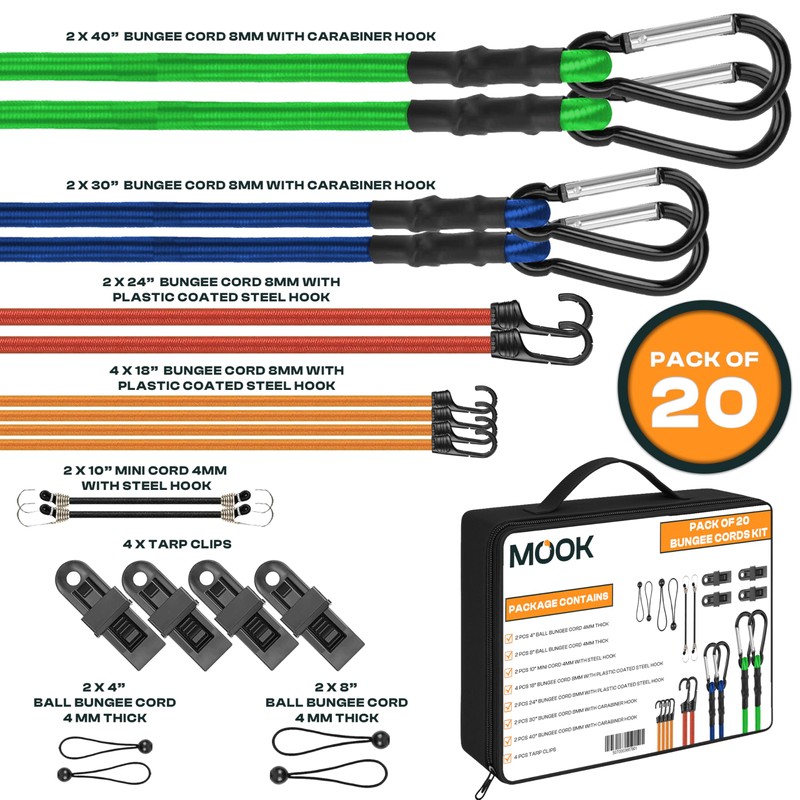 MOOK Heavy Duty Bungee Cords with Hooks, 20 - Pcs