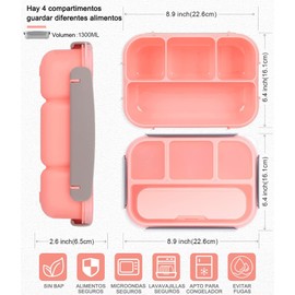 Caja de almuerzo,Charolas Bento para Adultos/Niños,Lonchera con cuchara y cubiertos,1300 ml,4 Compartimentos,Apto para Microondas,Lavavajillas y Congelador,Sin BPA(Rosa)