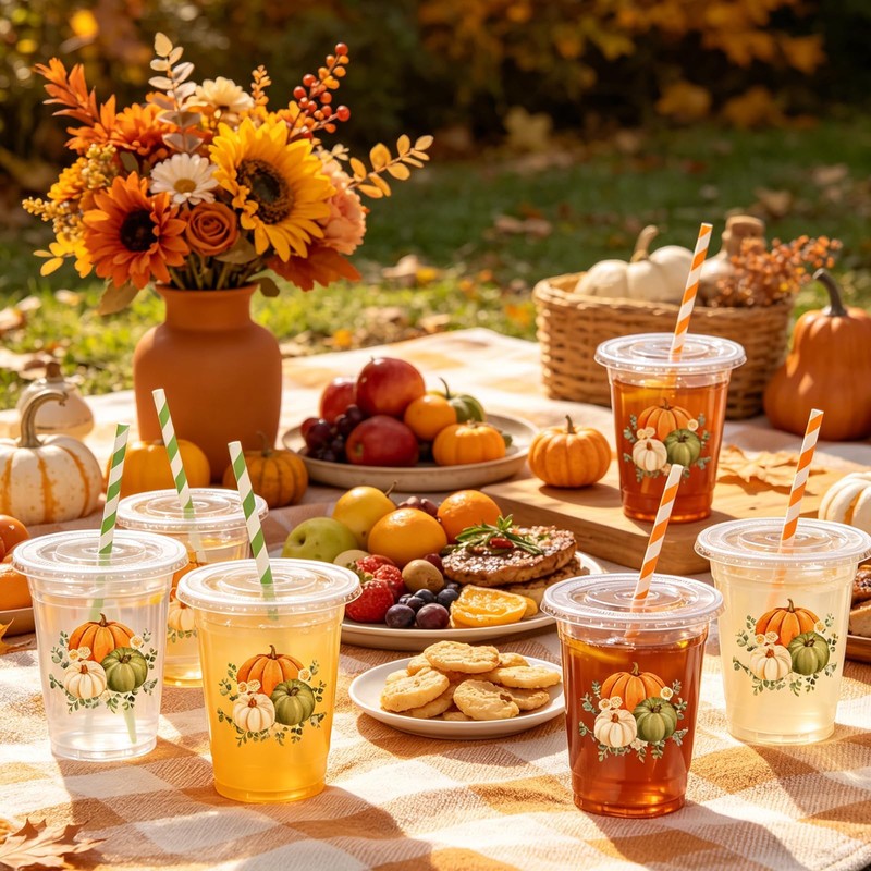 50Pcs Fall Plastic Cups with Lids Straws Pumpkin Floral Disposable