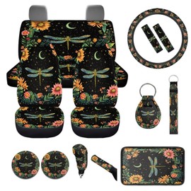 WUYOJUXA Flower Dragonfly Car Seat Covers Full Set 14 Pcs Womens Girly Cute Auto Interior Accessories Dragonfly Print Steering Wheel Cup Holders Armrest Pads Seat Belt Handbrake Gear Cover Set