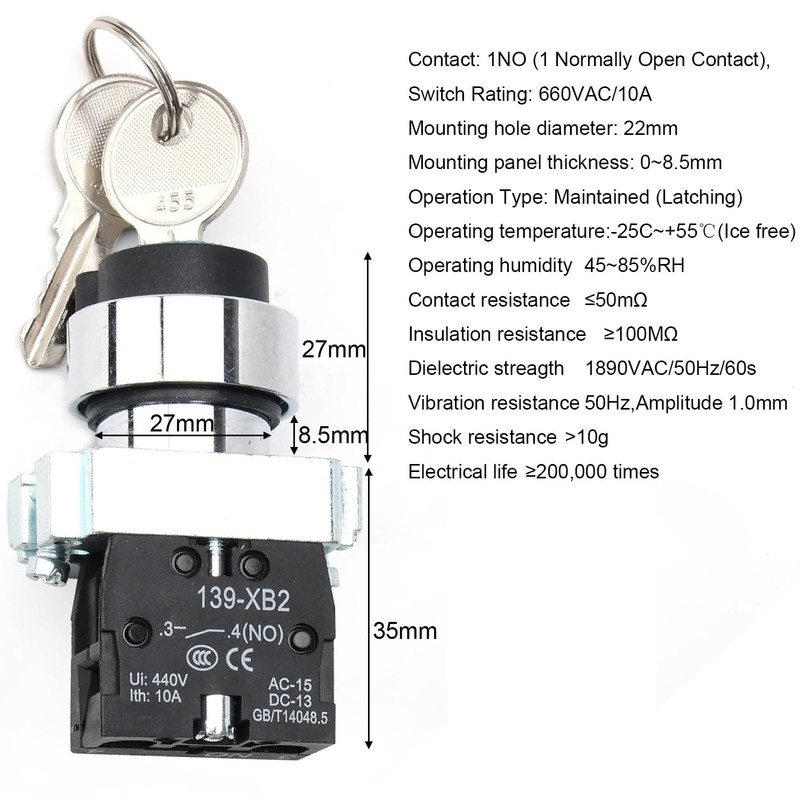 Gebildet Key Switch, 2-Position Hold, 1NO, Locking Rotary Key Switch,