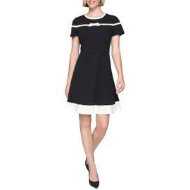 Karl Lagerfeld Paris Women's Bow Detail Short Sleeve Recycled Scuba Crepe A Line Dress, Black Soft White