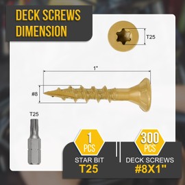 DTGN #8x1" Deck Screws - 300Pack - Good for Decks, Fences, Frames, Farms, Outdoor Furniture - Carbon Steel Wood Screws W/ T25 Torx Star Drive Bit - Tan