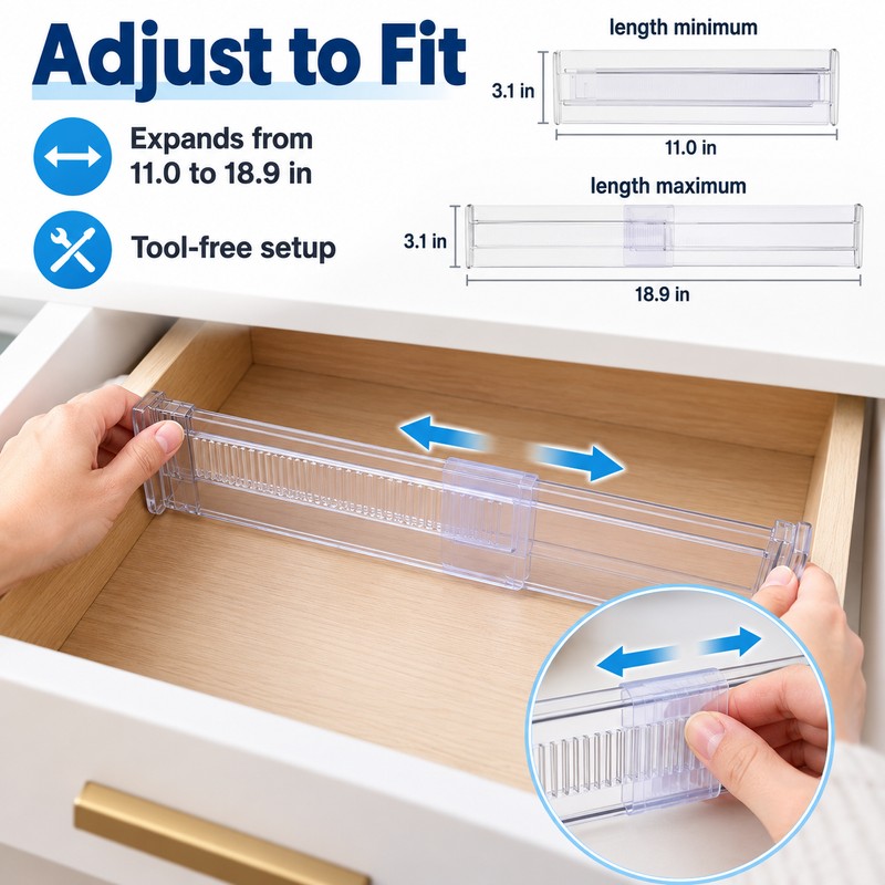 4-Pack Adjustable Drawer Dividers - Clear Expandable Organizers for Drawers,