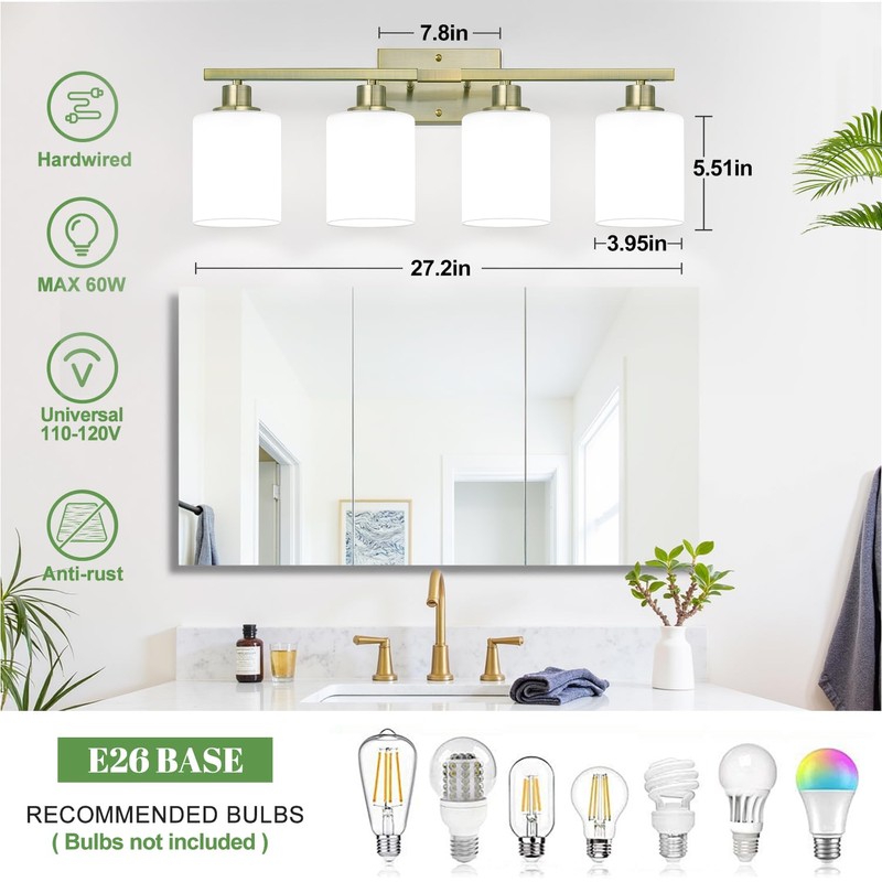 MOKATNG 4-Light Bathroom Light Fixtures, Aged Brass Vanity Light with