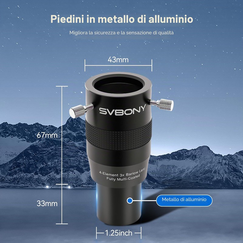 Svbony SV216 Lenti di Barlow 3x, 1.25" Metallo Barlow 4-Elementi