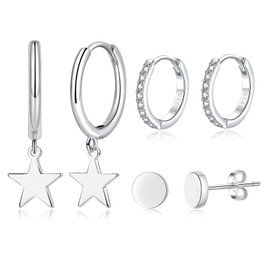 Loutade Silver Earrings for Women, 3 Pairs 925 Sterling Silver Hoop Earrings & Drop Hoop Earrings & Stud Earrings Set, CZ Cartilage Silver Stud Earrings Sleeper Hoop Earrings Star Dangling for Girls