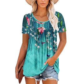 BETTE BOUTIK Floral Front Pleated Short Sleeve Tunic - TealWhite, XL