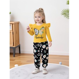 Coco&RARA Toddler Girl Clothes Long Sleeves Ruffle Print Top+Floral Pants+Headband 3Pcs Fall/Winter Outfits Set (Yellow,18-24 Months)