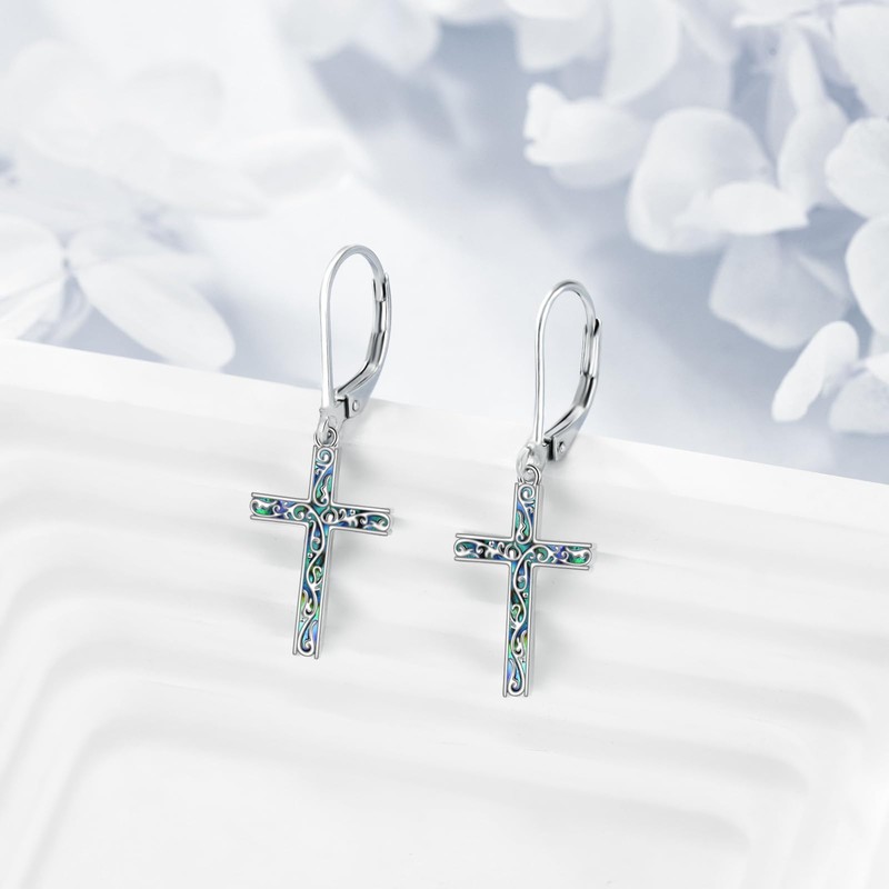 Cross Earrings for Women Sterling Silver Christian Dangle Earrings Abalone