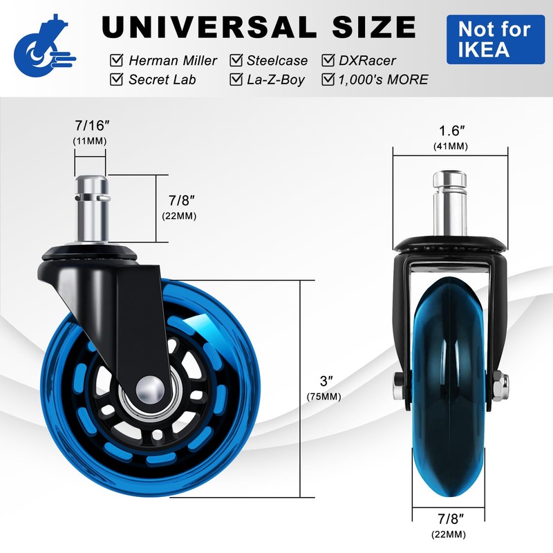 Office Chair Wheels for Replacement, Set of 5, 3" Rubber