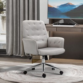 Vinsetto Velvet Home Office Chair, Tufted Height Adjustable Computer Desk Chair with Swivel Wheels and Padded Armrests, Light Gray