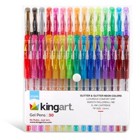 KINGART 400-30 GLITTER Rollerball GEL PENS, 30 Sparkling Colors with Soft-Grip Comfort, XL Ink Cartridge - For Coloring, Doodling, Scrapbooking, Journaling and General Use, All Ages, 30 Pens