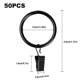 Pack of 50 Curtain Rings Curtain Rings with Clips, Metal Curtains Clip Rings, 38 mm Curtain Hook Rings, Curtain Rings Clips Clips for Curtain Rails Shower Curtain Curtains (Black)