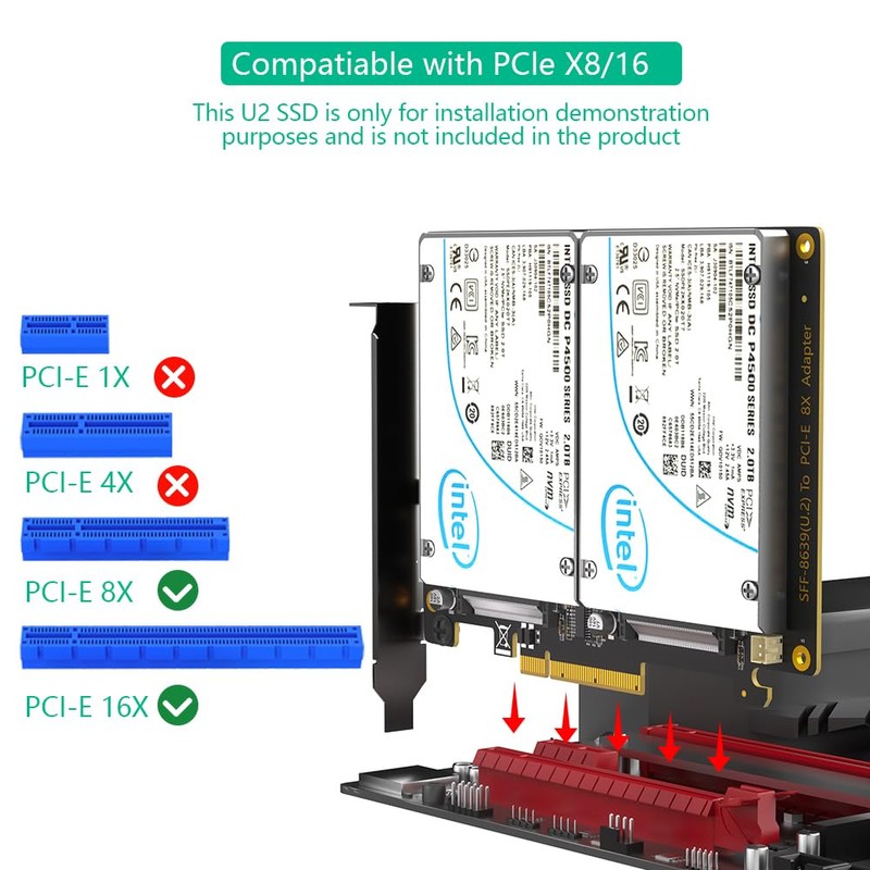 Dual U.2 SSD to PCIe 4.0 X8 Adapter, Support 2