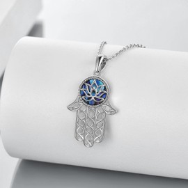TIGER RIDER Hamsa Hand Necklace 925 Sterling Silver Abalone Shell with Lotus Necklace for Women, Good Luck Amulet Jewelry for Women