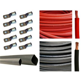 2 Gauge 2 AWG 15 Feet Red + 15 Feet Black Welding Battery Pure Copper Flexible Cable + 10pcs of 3/8" Tinned Copper Cable Lug Terminal Connectors + 3 Feet Black Heat Shrink Tubing